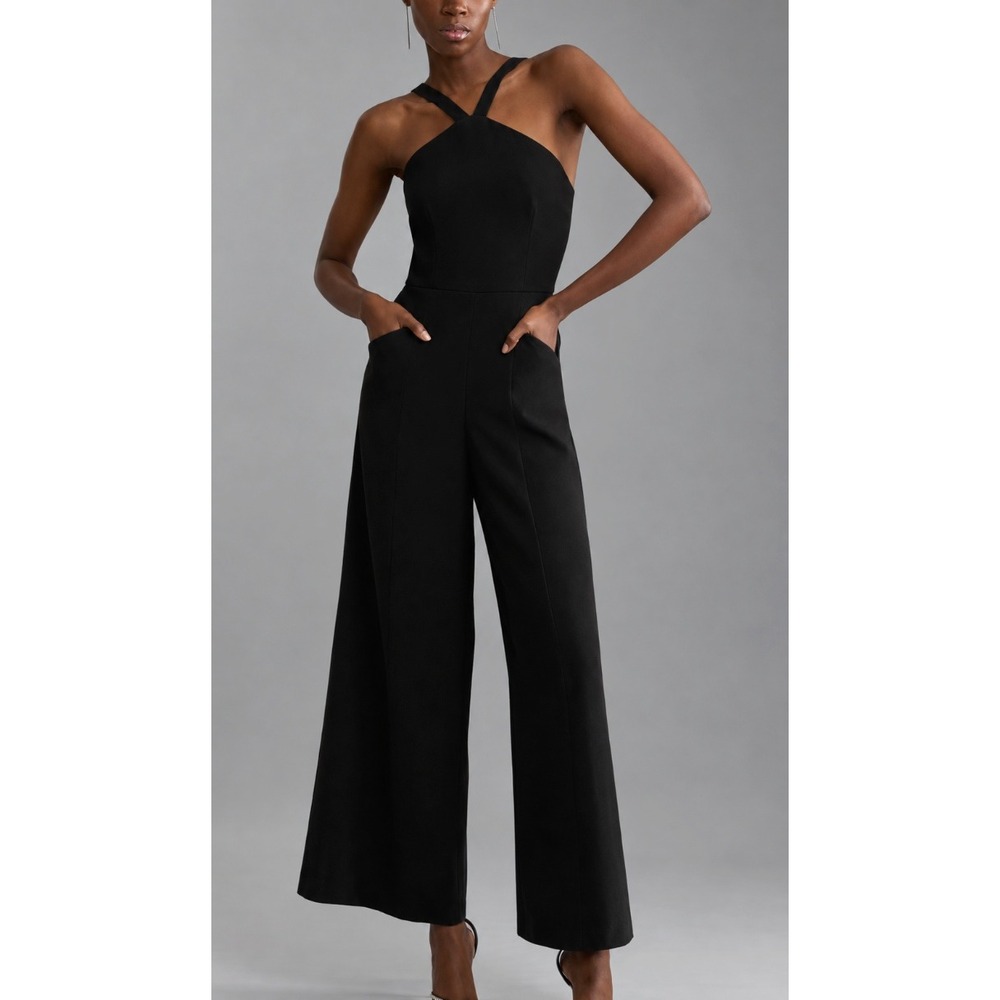 Karen Millen Compact Stretch Viscose Wide Leg Halter Jumpsuit in Black sz 10